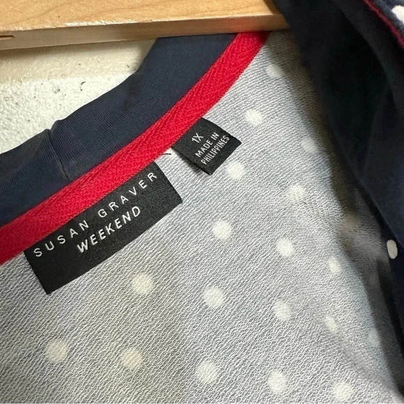Susan Graver Weekender 1X navy & white polka dots hooded sweat jacket Preppy - Picture 5 of 6